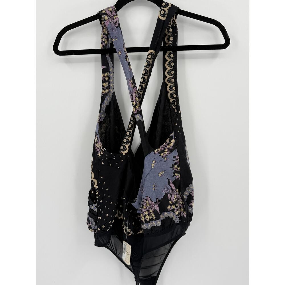Free People Intimately L Floral Print Surplice Racerback Bodysuit Black Boho Y2K - Picture 3 of 6